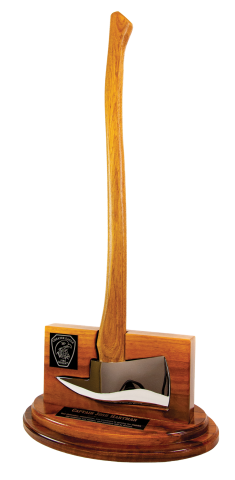 Handcrafted solid walnut base fitted with small gold or chrome axe. Includes brass engraved plate and full color logo, with room to mount badge.