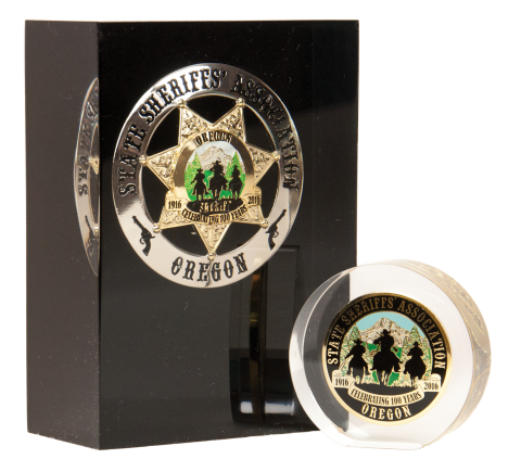 Your badge or coin embedded in solid acrylic block, clear or black background available. 