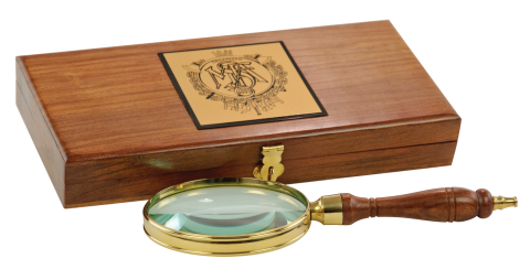Antique reproduction hand magnifier features solid hardwood handle and solid brass ribbed trim, housed in a beautiful hardwood case.