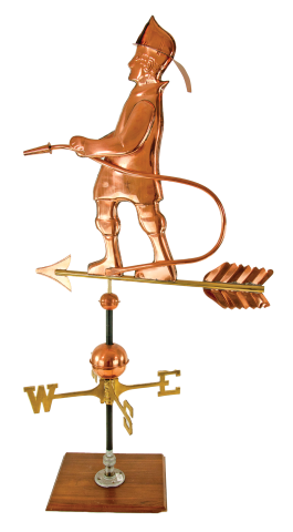 Full sized 26” high, roof top weather vane, polished copper, and brass.