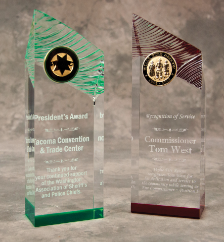 These acrylic towers are 3” x 8.75” x 2”.  They are laser engraved with your wording and logo or design.