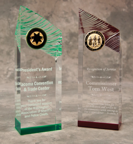 These acrylic towers are 3” x 8.75” x 2”. They are laser engraved with your wording and logo or design.