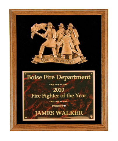 Solid oak frame with black velvet background, bronze finish “The Bravest” and brass engraving plate