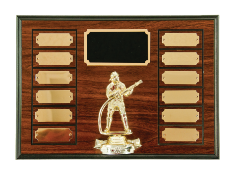 walnut finish perpetual with firefighter figure. Includes top engraved plate and 12 perpetual plates