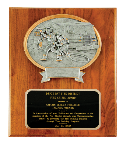 Oval casting of fire attack with an engine in the background, mounted on solid walnut 12”x15” plaque, with engraving plate