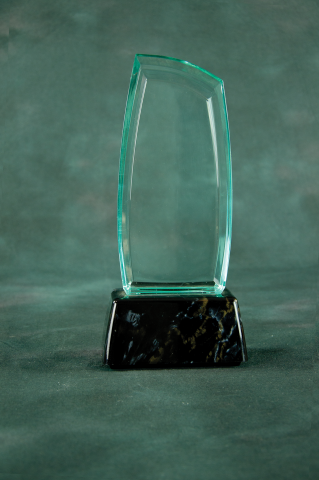 Glass award with a slight left curve to the top.