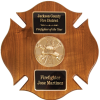 Solid walnut Maltese plaque with bronze cast medallion and brass engraved plates. Medallions available in all fire ranks, fire scramble, and EMS.