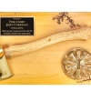 Solid red alder plaque in the shape of your state with brush fire, chrome or gold plated axe; choice of colored brass engraving plate, one 4” round or custom cut logo, with room to mount badges.