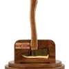 Handcrafted solid walnut base fitted with small gold or chrome axe. Includes brass engraved plate and full color logo, with room to mount badge.